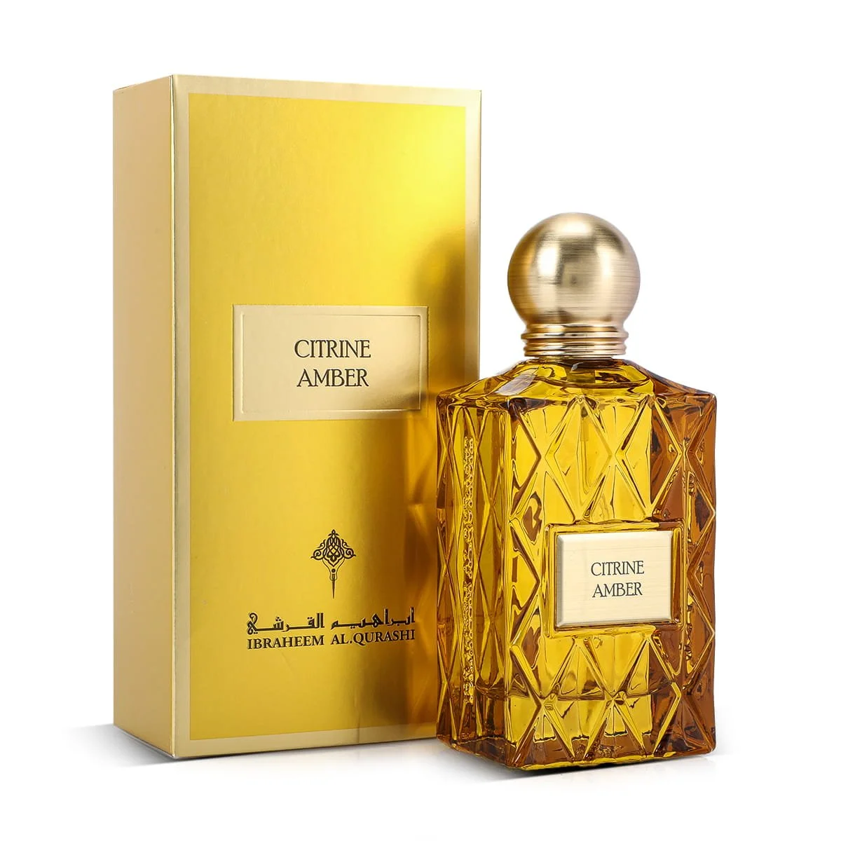 IBRAQ Citrine Amber perfume 75ml next to box, luxury oriental fragrance UK