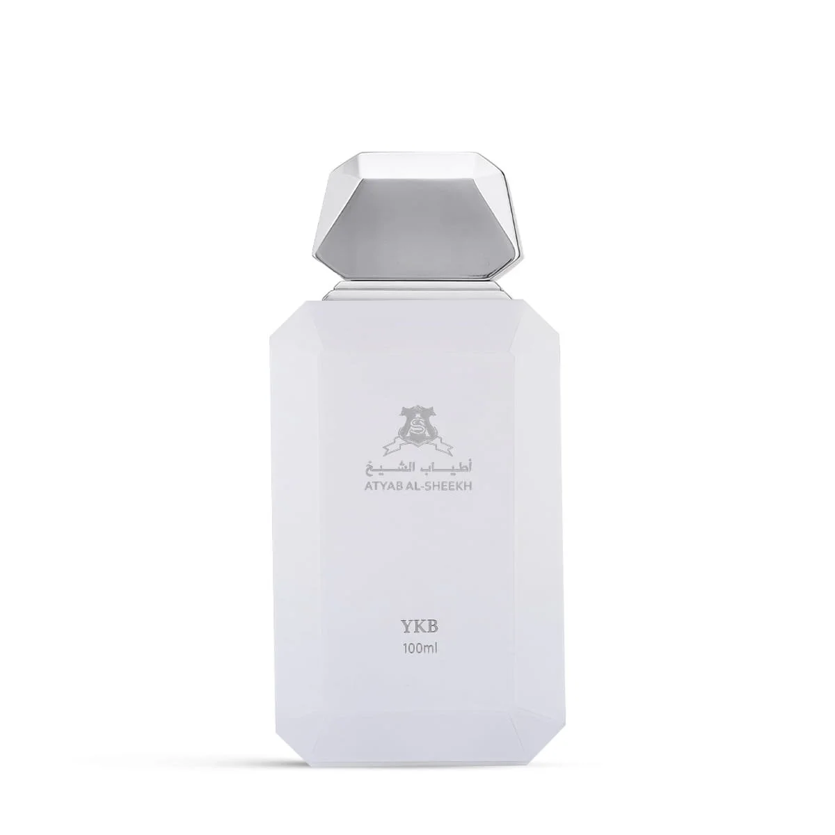 YKB White eau de parfum 100ml by Atyab Al Sheekh on white background, luxury woody oriental fragrance UK