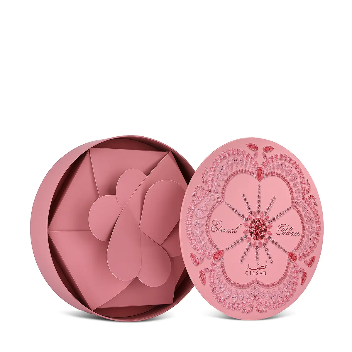 Gissah Eternal Bloom luxury case interior side view, elegant pink crystal packaging UK