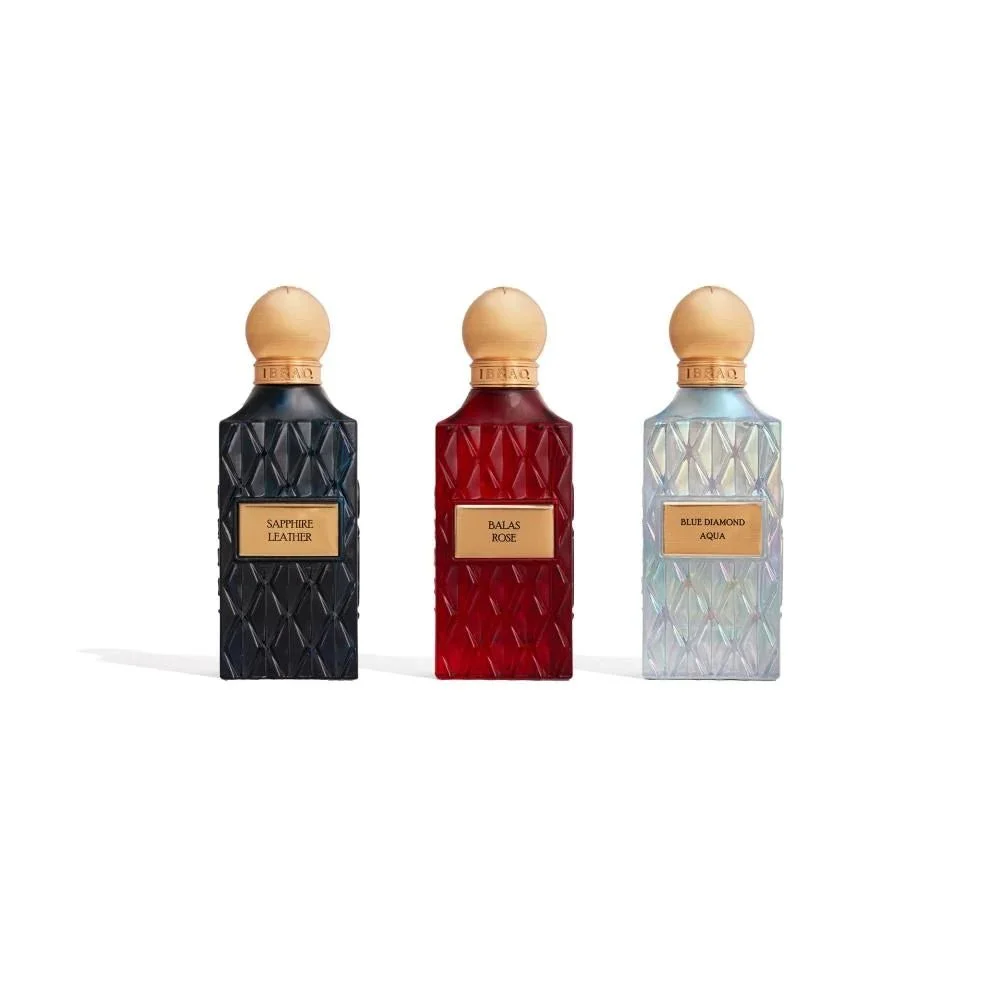 IBRAQ Blue Wish Collection 3x75ml perfumes on white background, luxury fragrance set UK