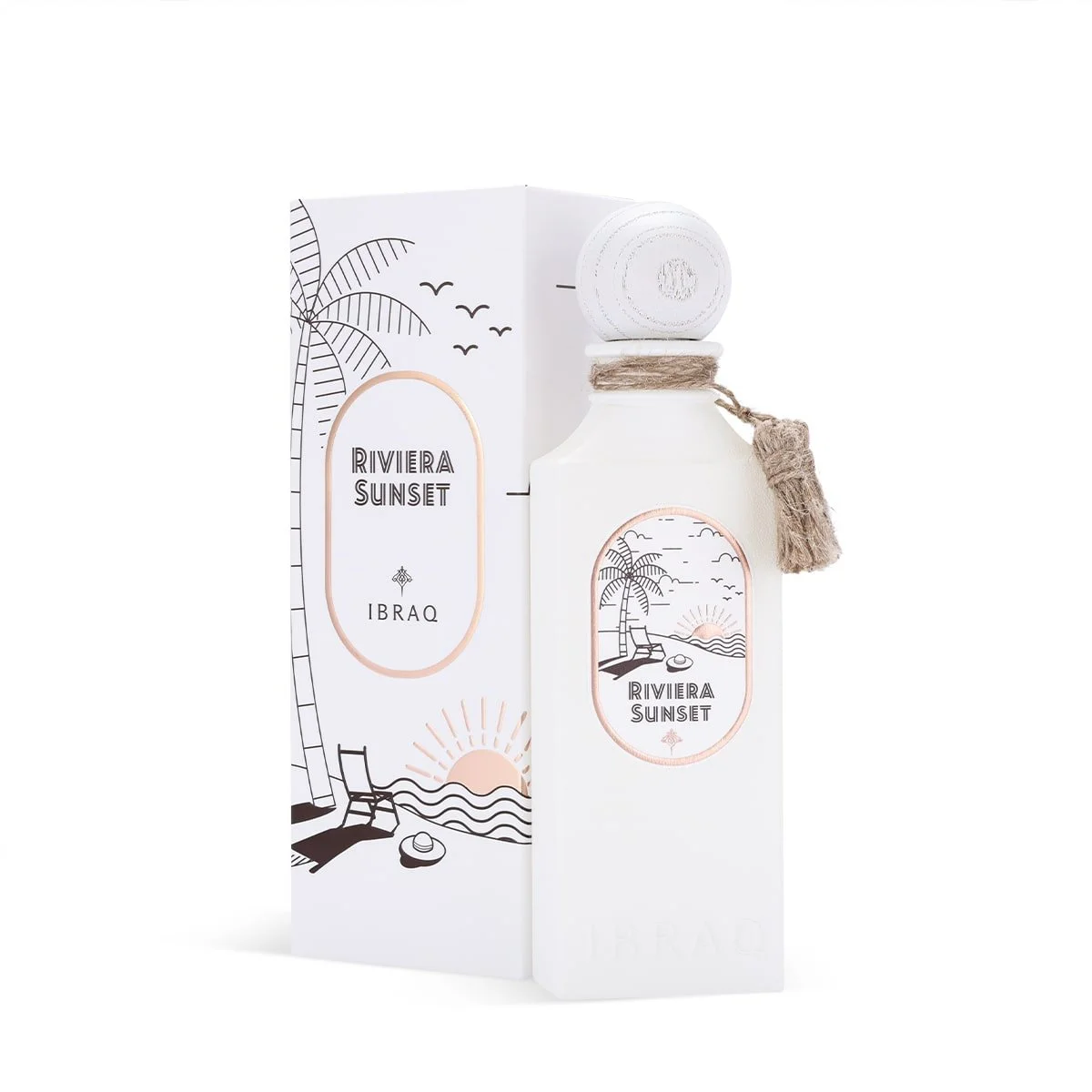 Riviera Sunset by Ibraheem Al Qurashi perfume bottle positioned beside its box, highlighting refined presentation.