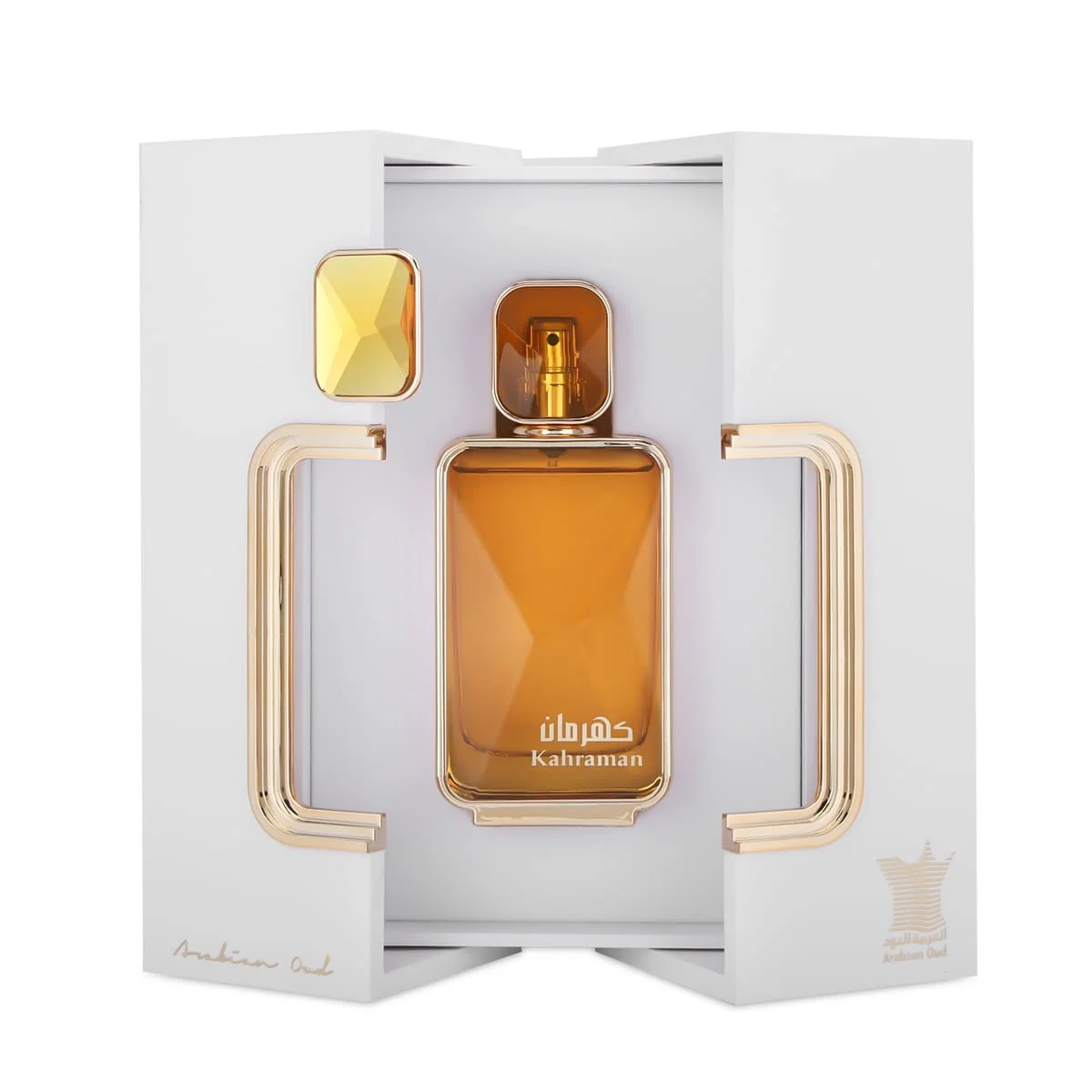 Arabian Oud Kahraman perfume inside open luxury box, premium fragrance presentation UK
