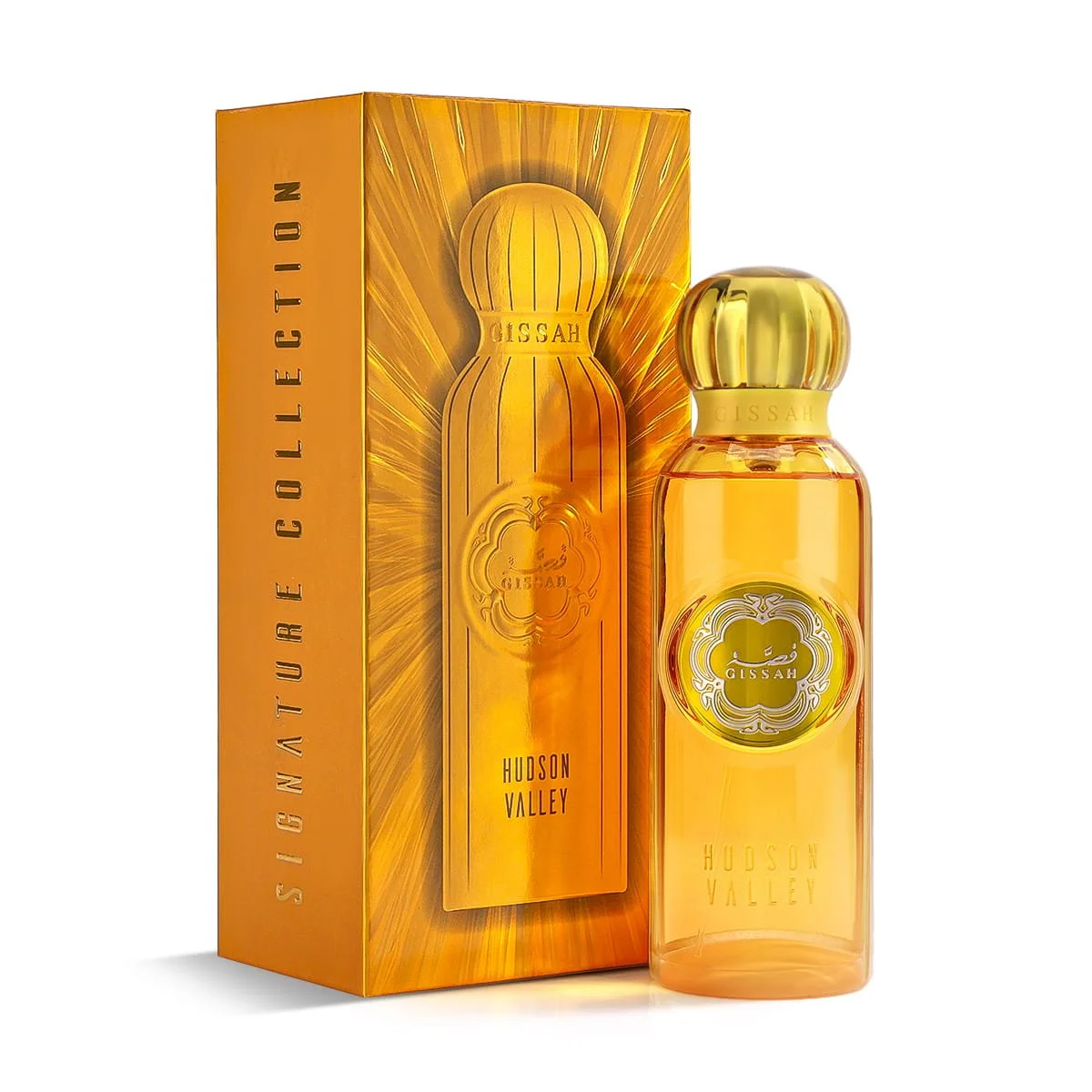 Gissah Hudson Valley perfume placed in front of box, luxury Arabian fragrance UK