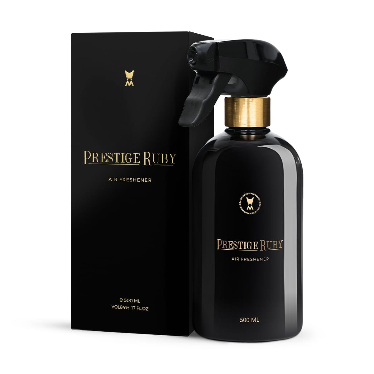 Al Majed Oud Prestige Ruby air freshener 500ml next to box, luxury home fragrance UK
