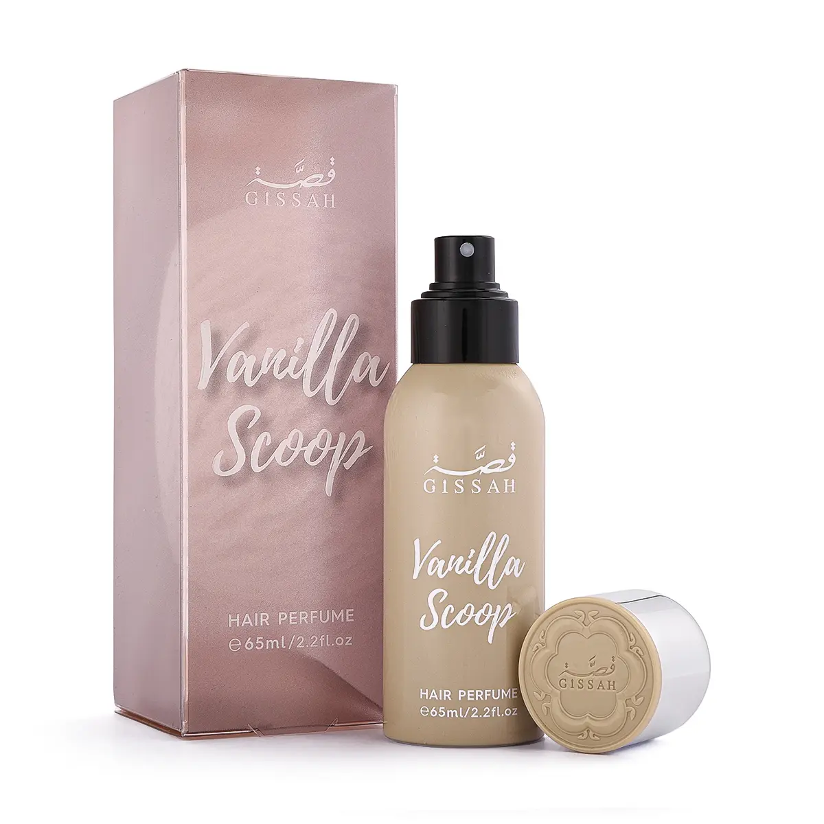 Gissah Vanilla Scoop hair mist 65ml displayed next to its box, creamy vanilla luxury hair perfume UK