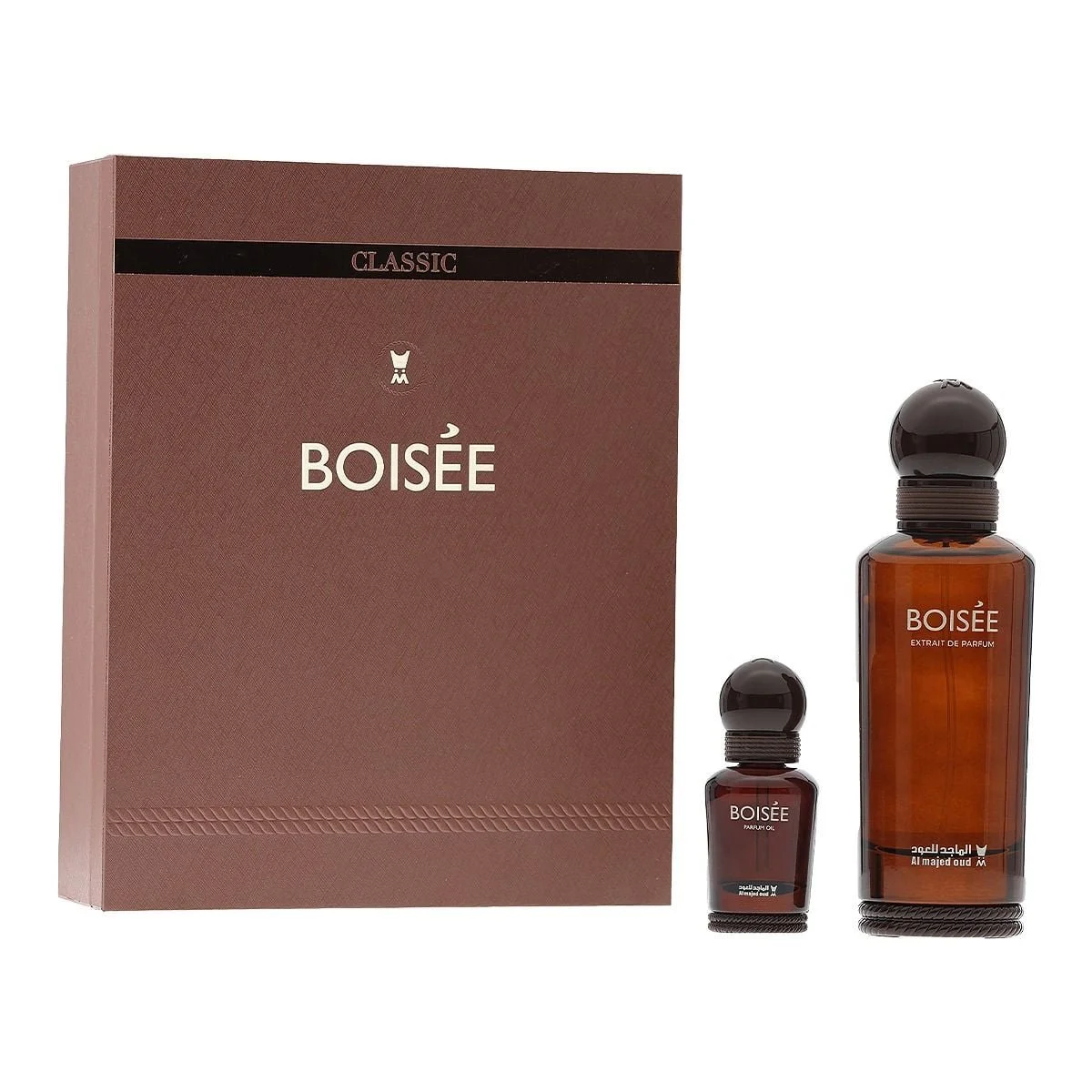 Al Majed Oud Boisee gift set with perfume and oil next to box, premium fragrance set UK