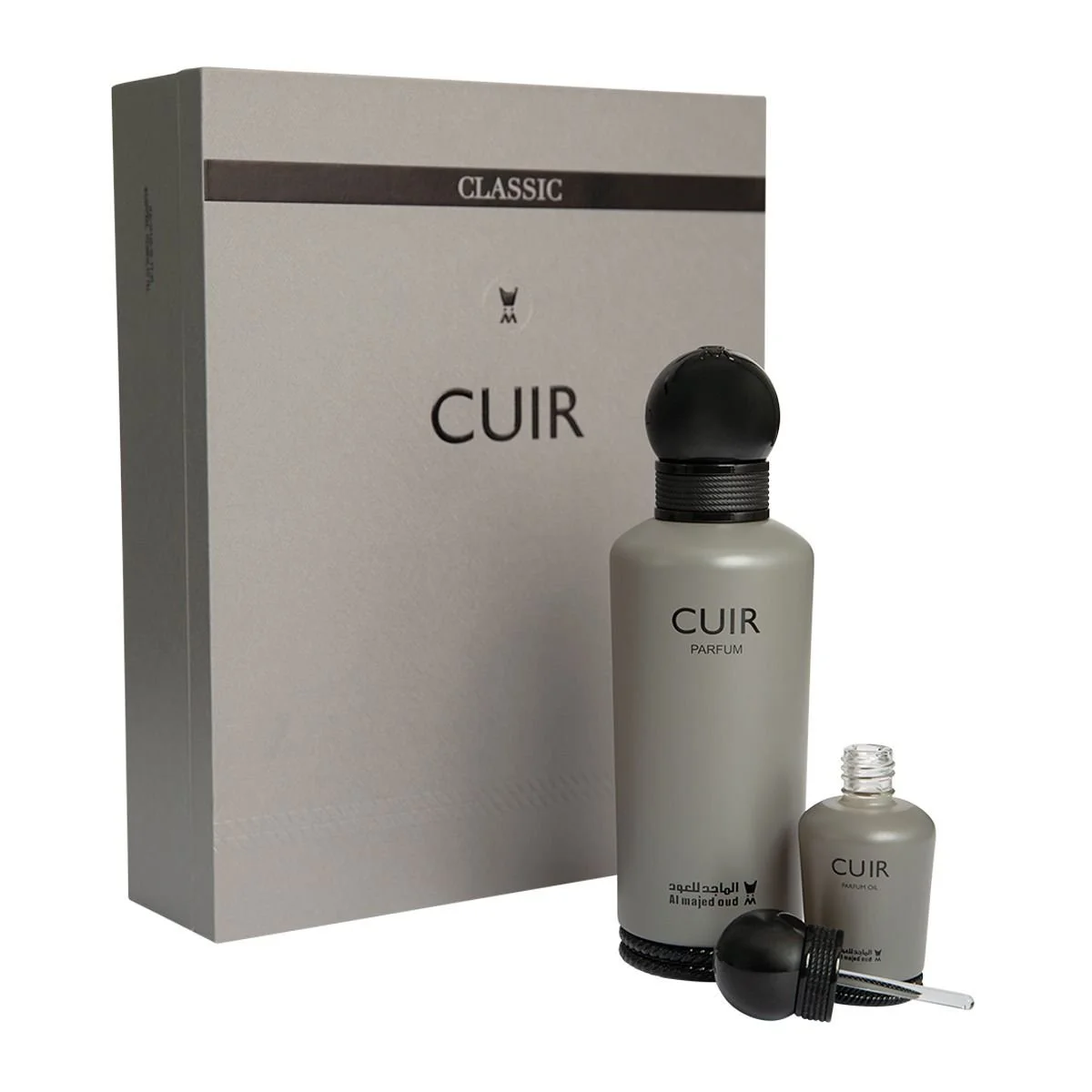Front view of Al Majed Oud Cuir gift set open box showing perfume and oil, premium fragrance set UK