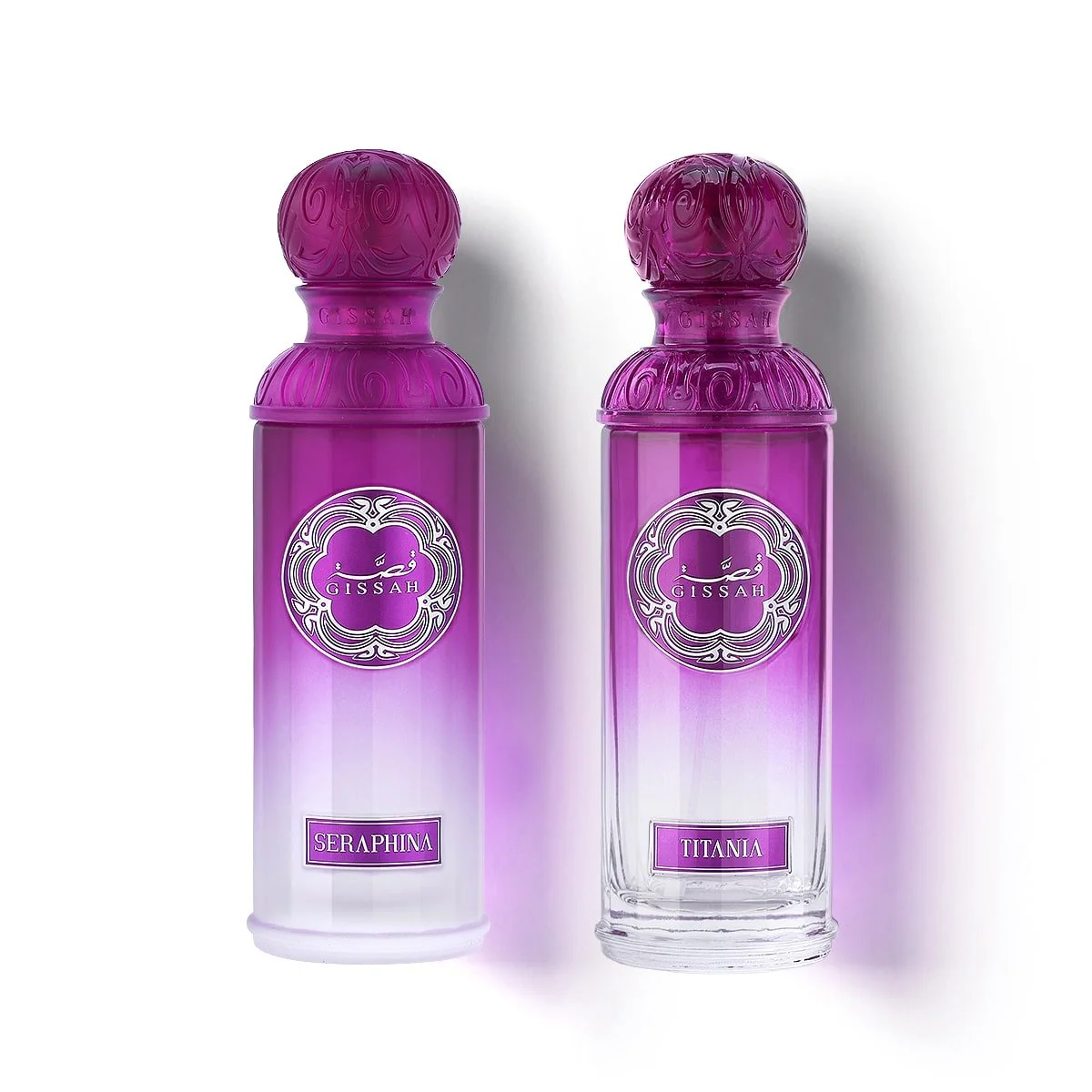 Titania and Seraphina perfumes from Titan Her by Gissah displayed together on a white background.