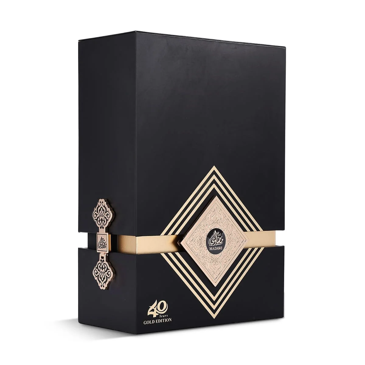 Front view of Arabian Oud Madawi Gold perfume box, luxury Middle Eastern fragrance UK