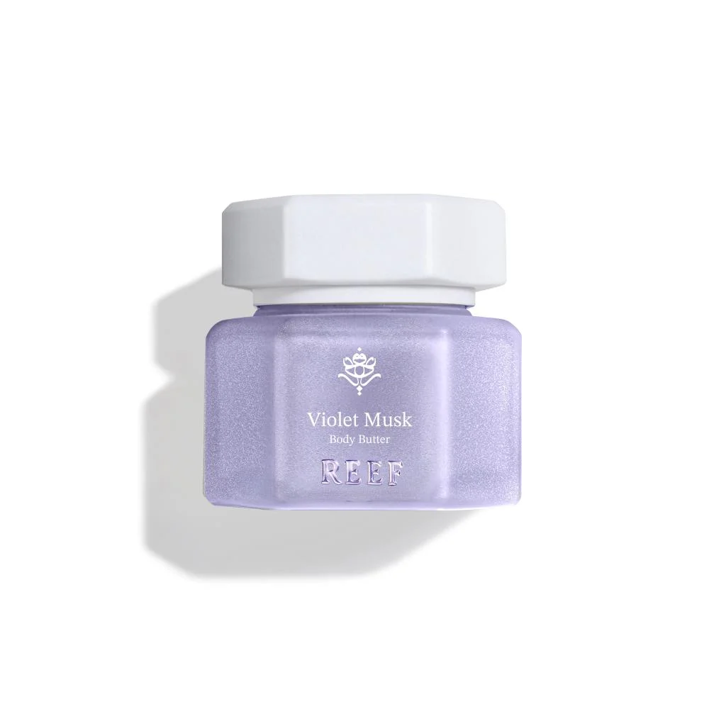 Reef Violet body butter 50g on white background, luxury scented skincare UK