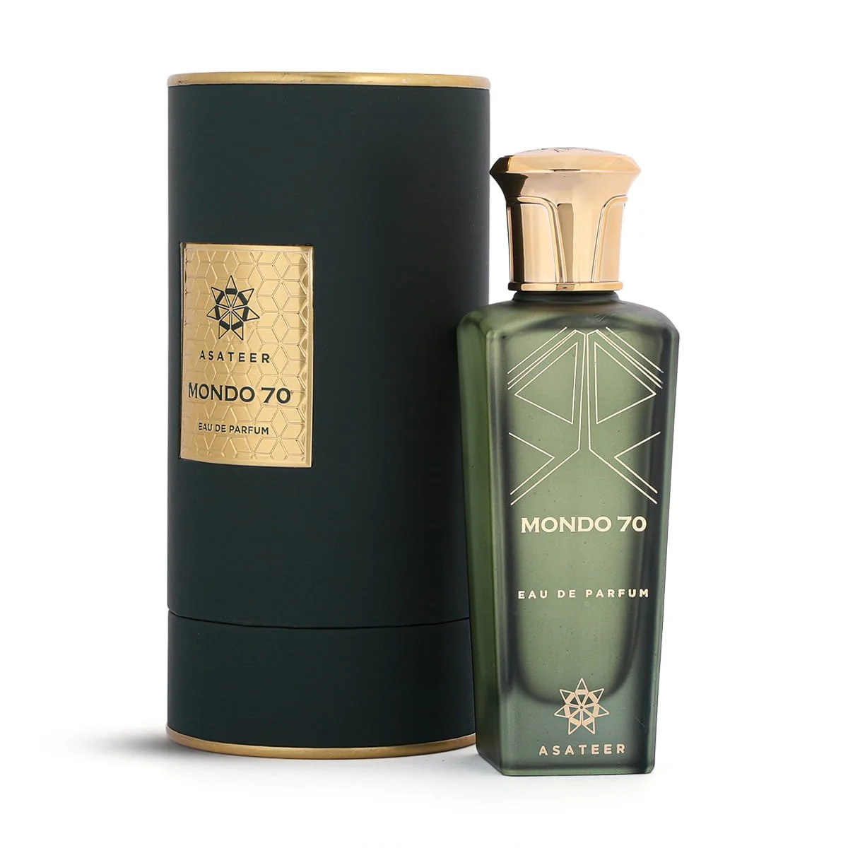 Asateer Mondo 70 Eau De Parfum 80ml next to luxury branded box UK