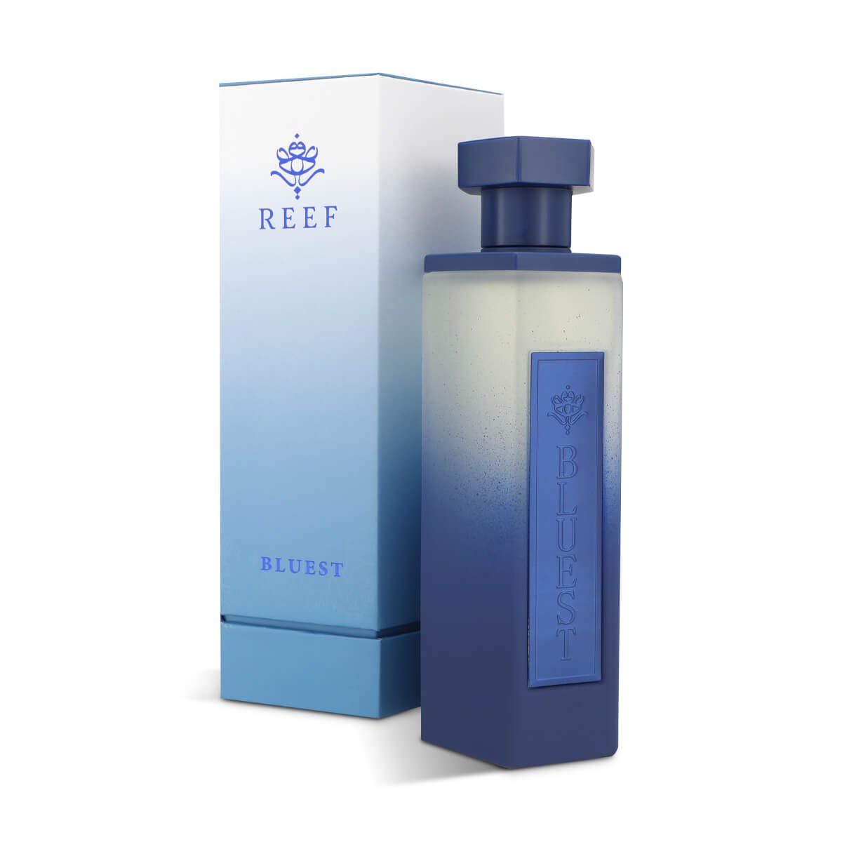 Bluest 200ml perfume bottle positioned beside the side panel of the box on white background