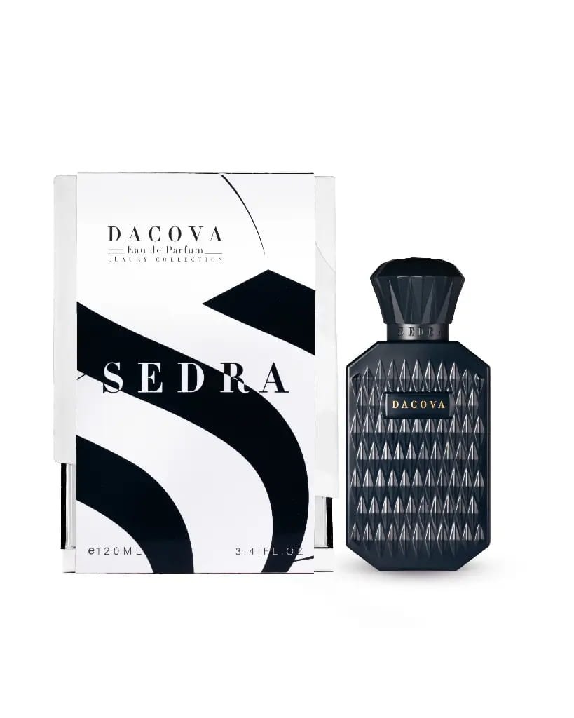 Sedra Dacova perfume 120ml next to luxury box, premium oriental woody fragrance UK