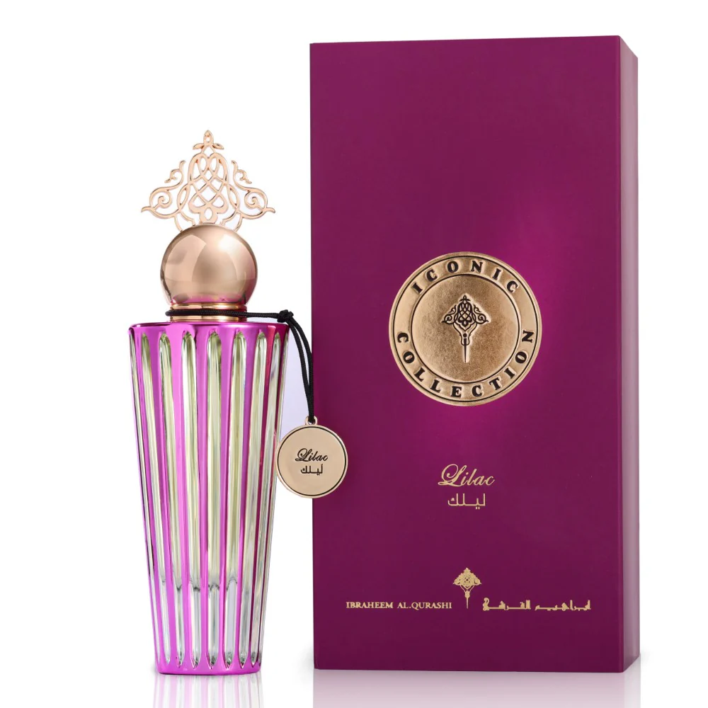 Iconic Lilac perfume by Ibraheem Al Qurashi displayed beside its elegant box – Arabian unisex fragrance available at Al Rashid Galleria UK.