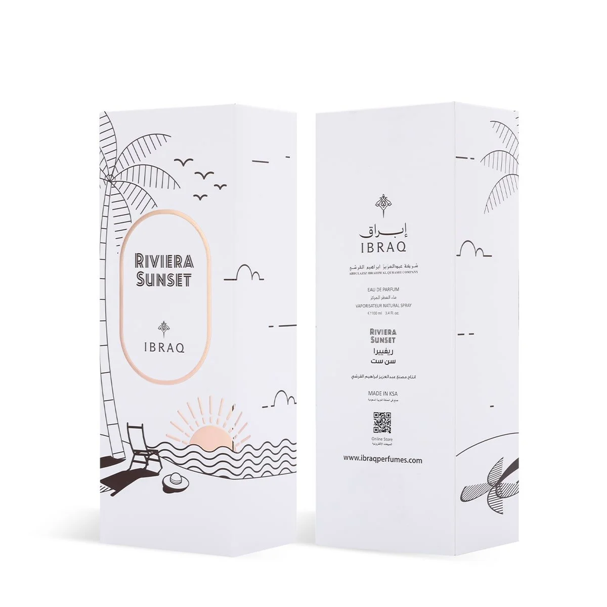 Front and back views of Riviera Sunset by Ibraheem Al Qurashi perfume box showing branding and design details.