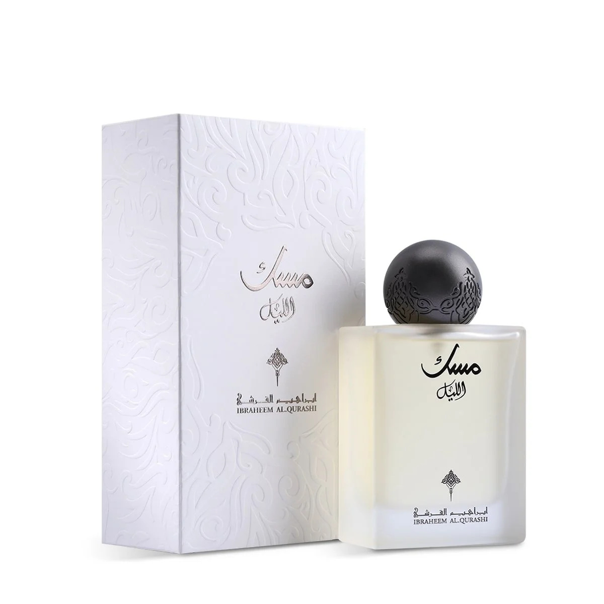Musk Al-Lail perfume by Ibraheem Al Qurashi displayed beside its elegant box – available at Al Rashid Galleria UK.