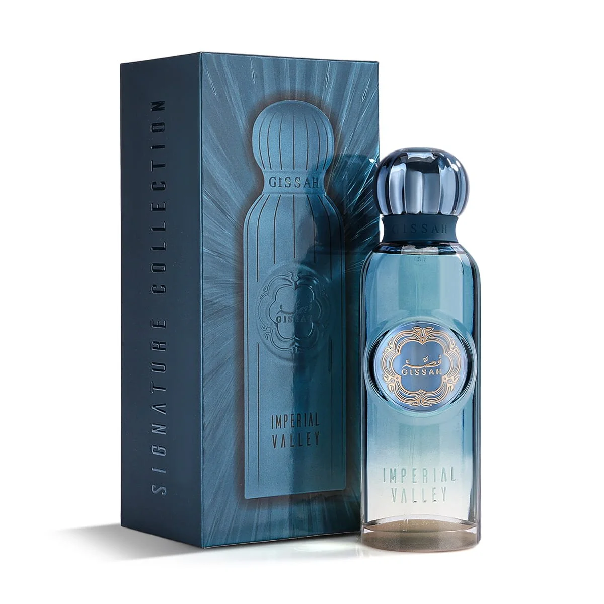 Gissah Imperial Valley perfume placed in front of box, luxury Arabian fragrance UK