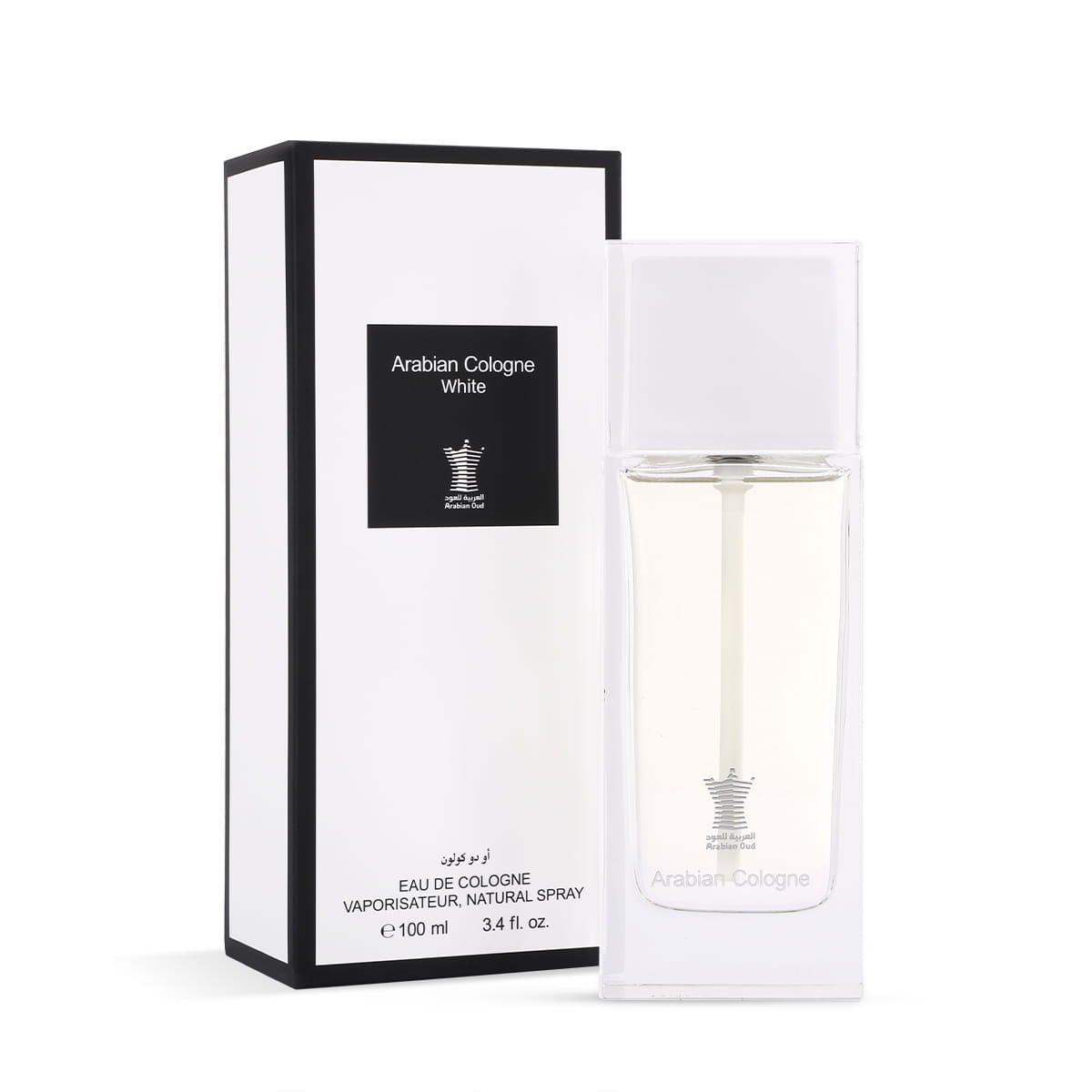 Arabian Oud Arabian Cologne White Eau De Cologne 100ml beside luxury branded box UK