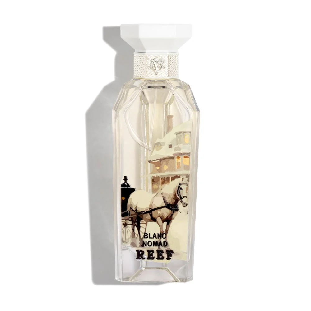 Blanc Nomad Eau de Parfum by Reef Perfumes 150ml bottle displayed on a clean white background, showcasing its elegant minimalist design and luxurious oriental aesthetic.