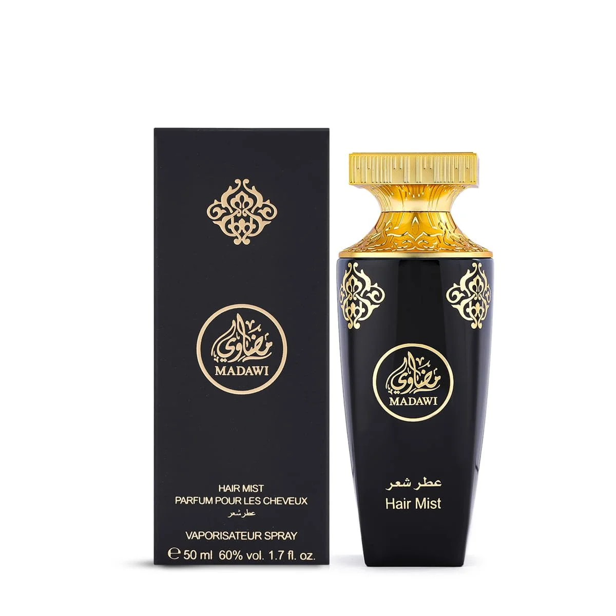 Arabian Oud Madawi Hair Mist 50ml next to luxury branded box UK