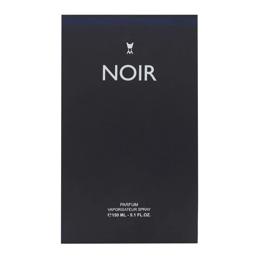 Front view of Al Majed Oud Noir parfum box, luxury perfume packaging UK