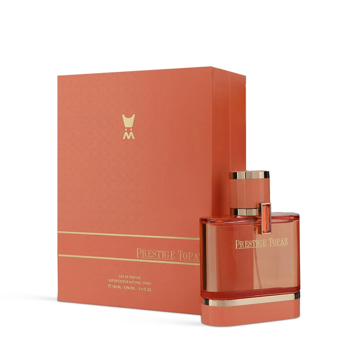 Al Majed Oud Prestige Topaz perfume 100ml next to box, luxury fragrance UK