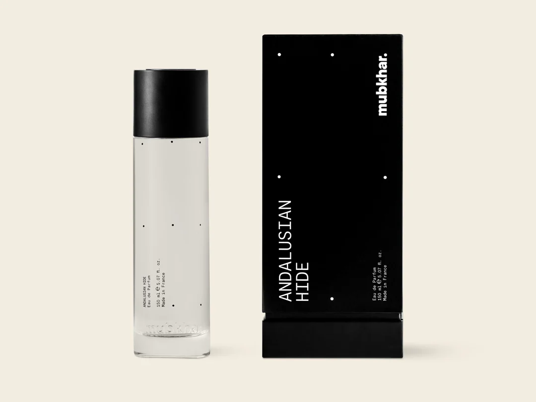 Mubkhar Andalusian Hide Eau De Parfum 150ml next to its box, luxury leather woody fragrance UK
