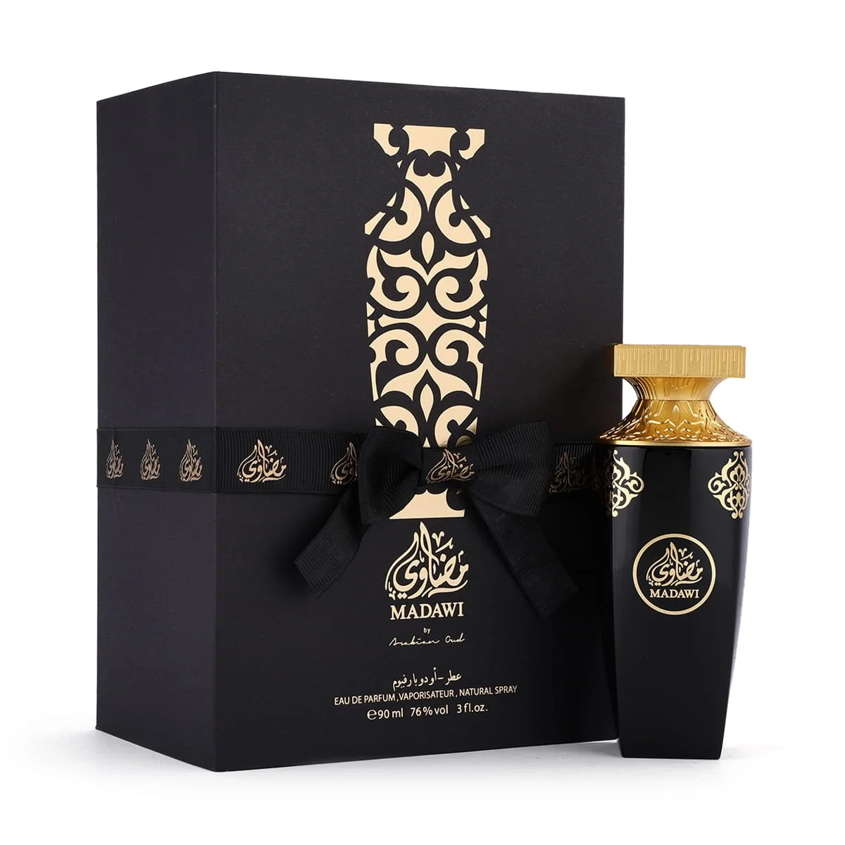 Arabian Oud Madawi 90ml perfume displayed next to luxury box, best selling fragrance UK