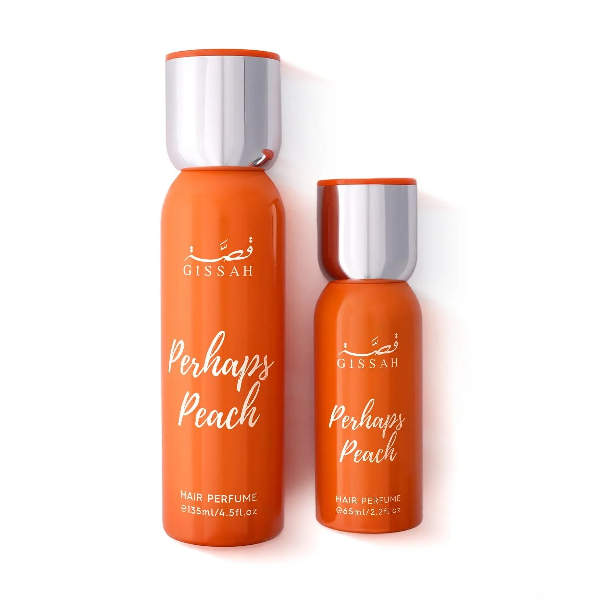 Gissah Perhaps Peach hair mist set 135ml and 65ml on white background, luxury fruity hair perfume UK