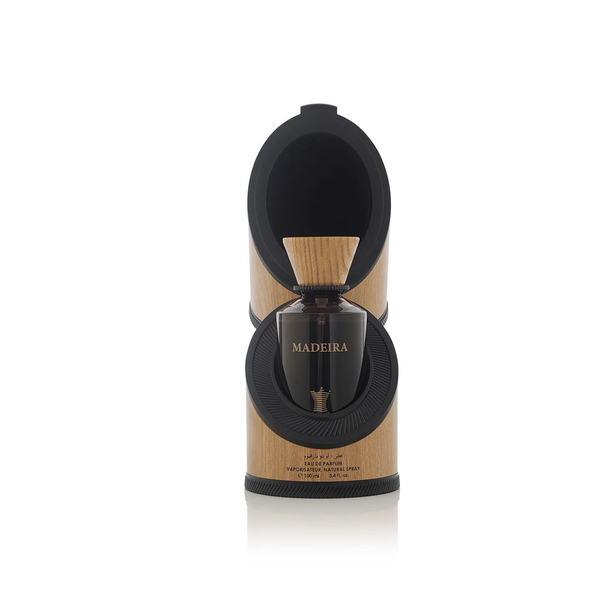Arabian Oud MADEIRA perfume inside open luxury box, premium fragrance presentation UK