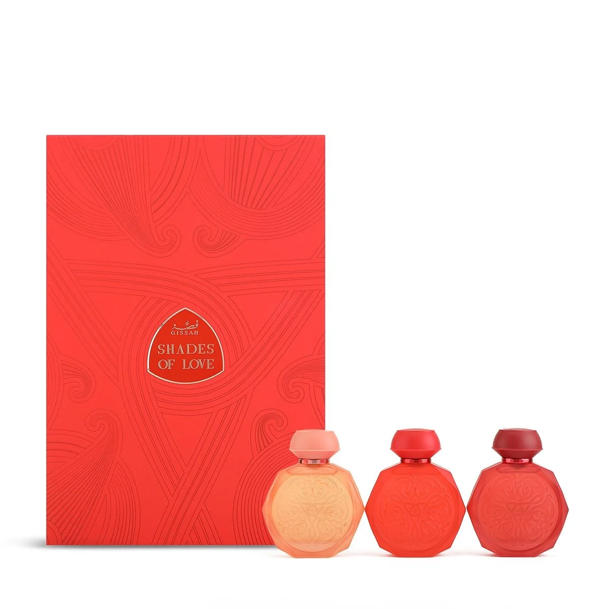 Gissah Shades Of Love perfume set displayed with luxury red gift box