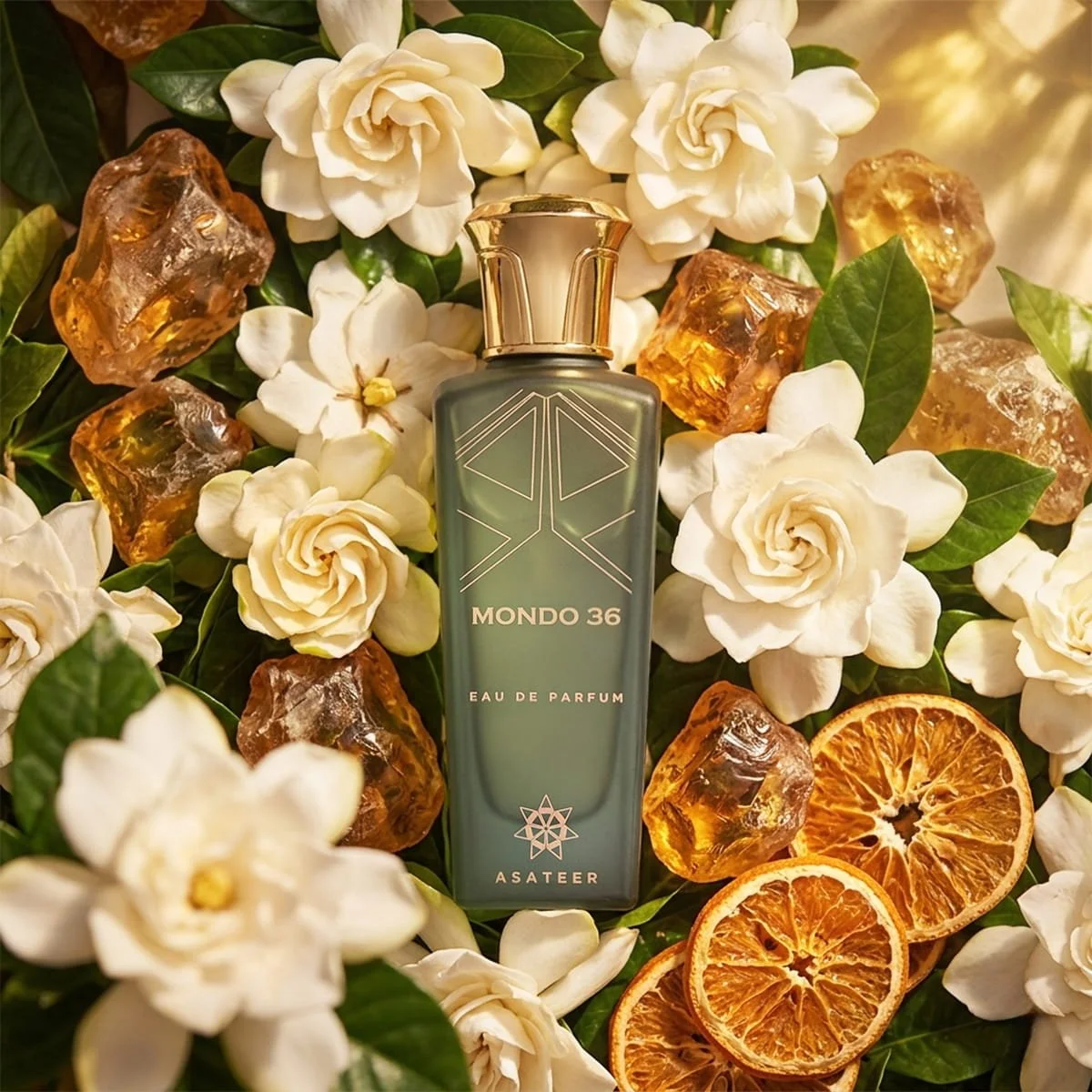 Asateer Mondo 36 Eau De Parfum surrounded by flowers, vanilla, chocolate and pear inspired luxury fragrance poster UK