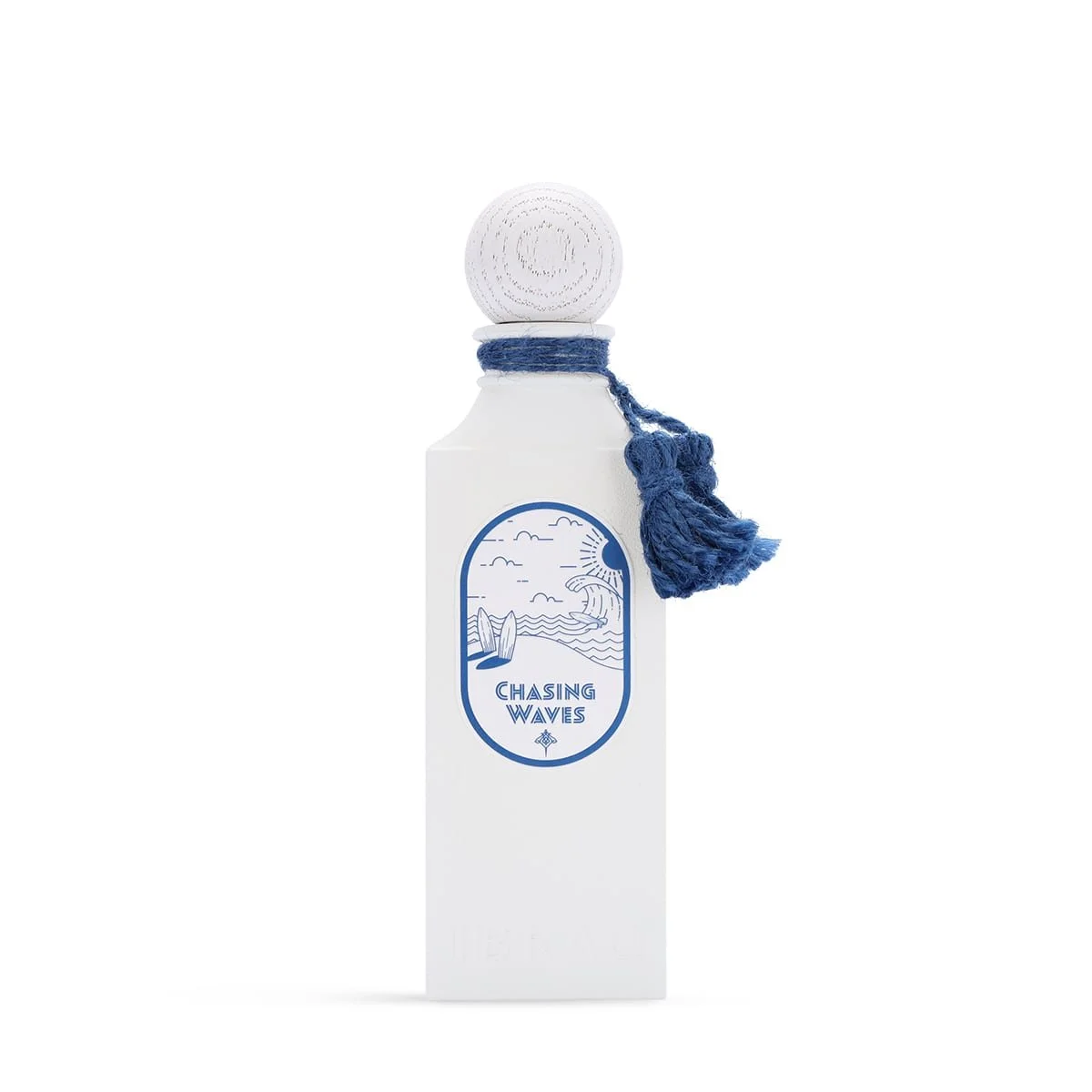 Chasing Waves by Ibraheem Al Qurashi perfume bottle on white background showcasing elegant blue and gold design.