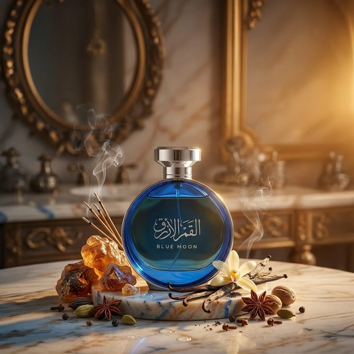 Arabian Oud Blue Moon perfume with clove, orris and incense ingredients, luxury fragrance UK