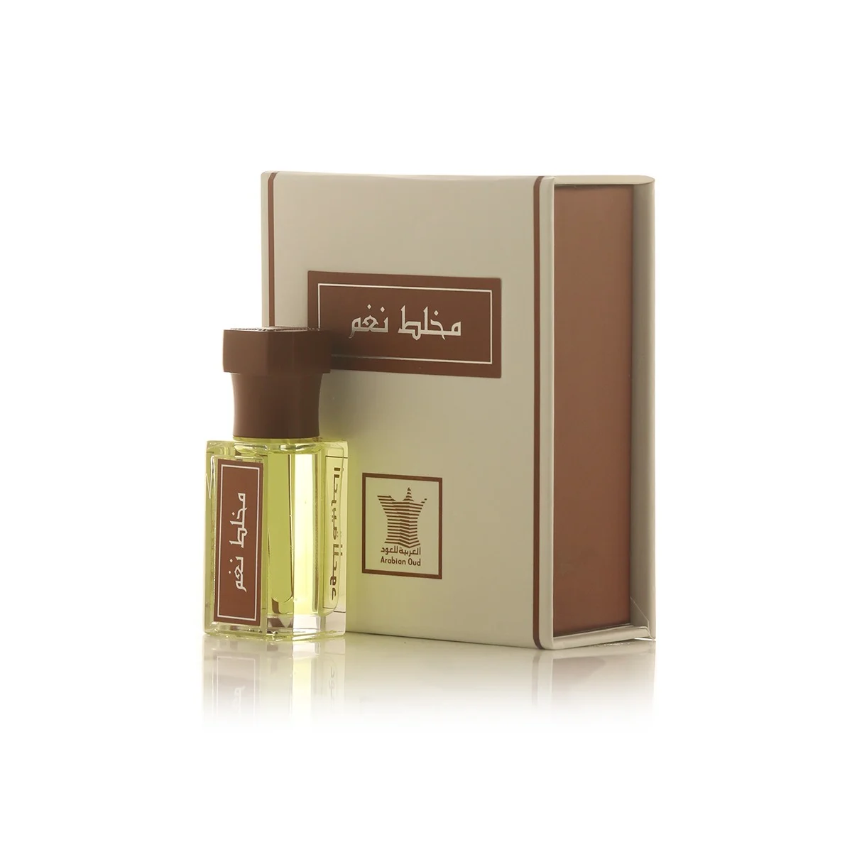 Arabian Oud Mukhallat Nagham perfume oil 1/2 tola displayed next to box, luxury attar UK