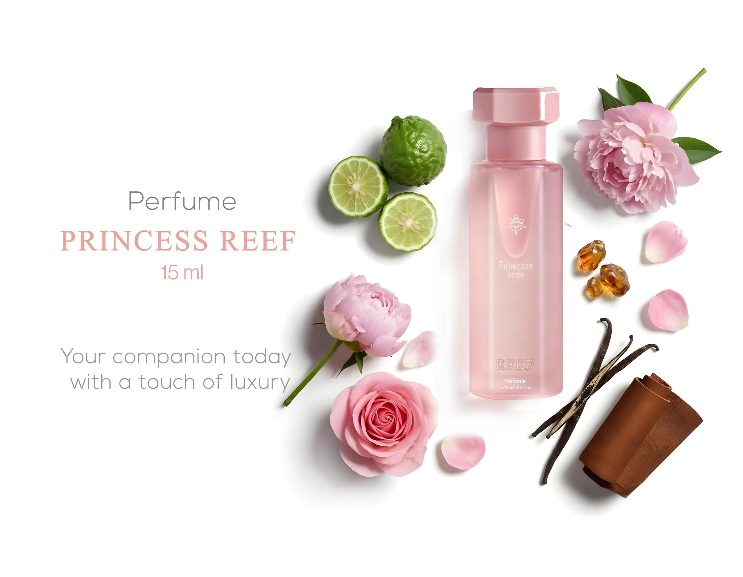 Princess Reef perfume displayed with key fragrance ingredients by Reef Perfumes