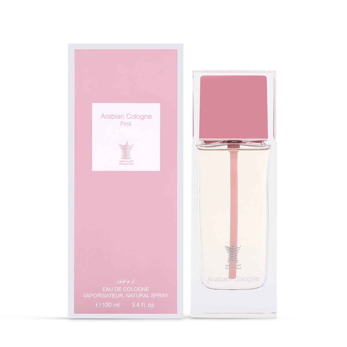 Arabian Oud Arabian Cologne Pink Eau De Cologne 100ml next to luxury branded box UK