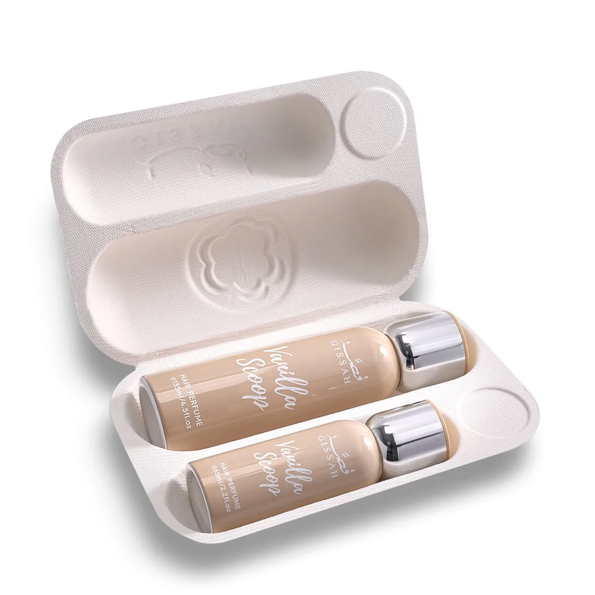 Gissah Vanilla Scoop hair mist set inside luxury case, feminine UK fragrance gift