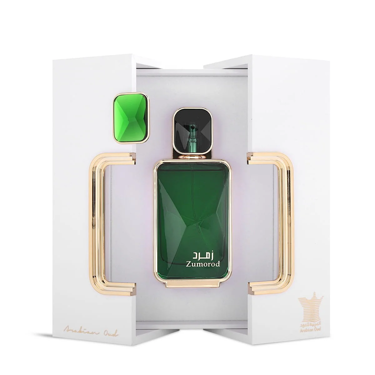 Arabian Oud Zumorod perfume inside open luxury box, premium fragrance presentation UK