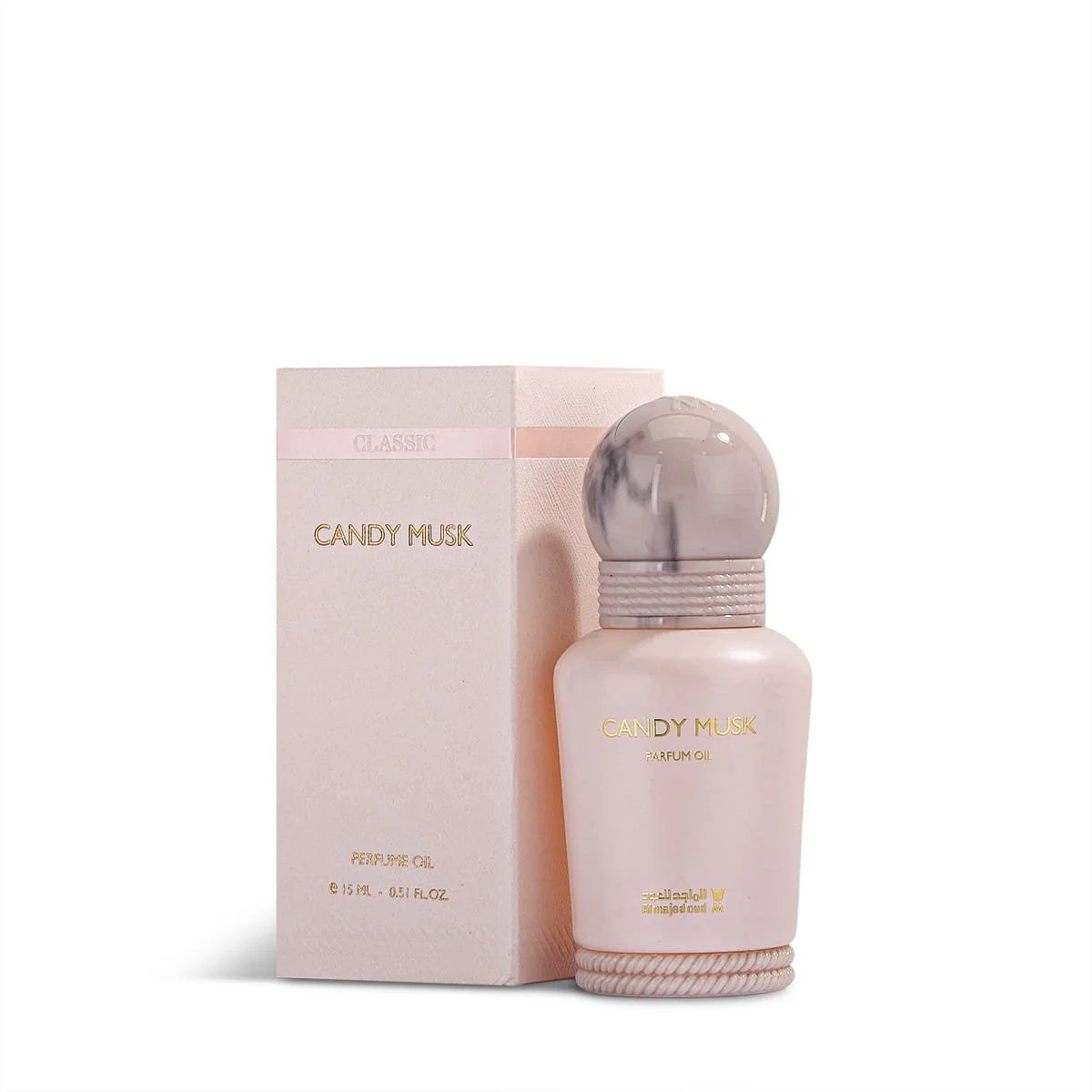 Al Majed Oud Candy Musk parfum oil 15ml next to box, luxury fragrance oil UK
