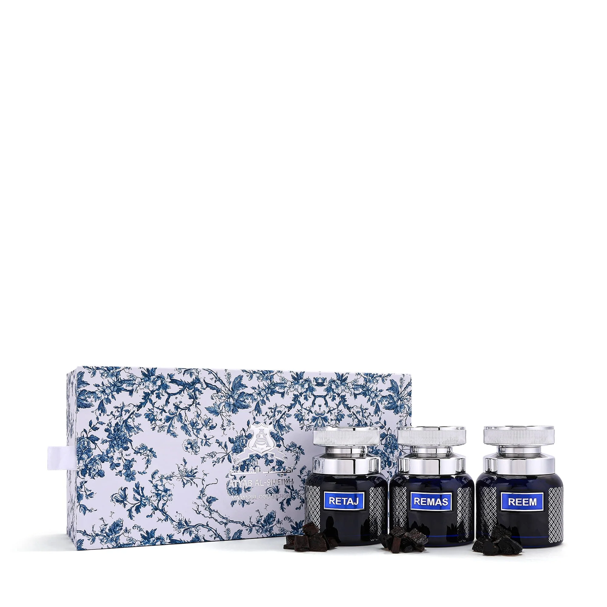 Atyab Al Sheekh Maamoul Collection displayed in front of luxury incense box UK