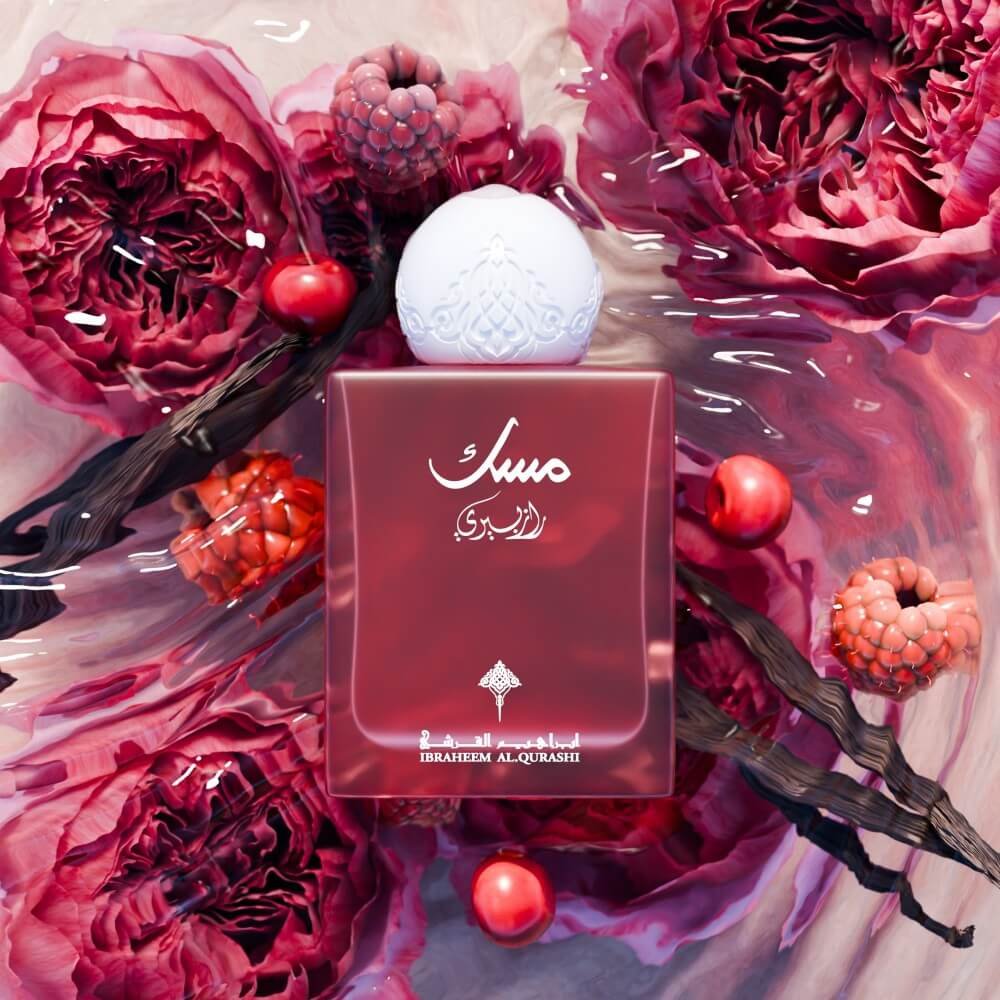 Hero shot of Raspberry Musk by Ibraq with rich red raspberry and floral background – Ibrahim Al Qureshi UK exclusive, Al Rashid Galleria Luxury Collection