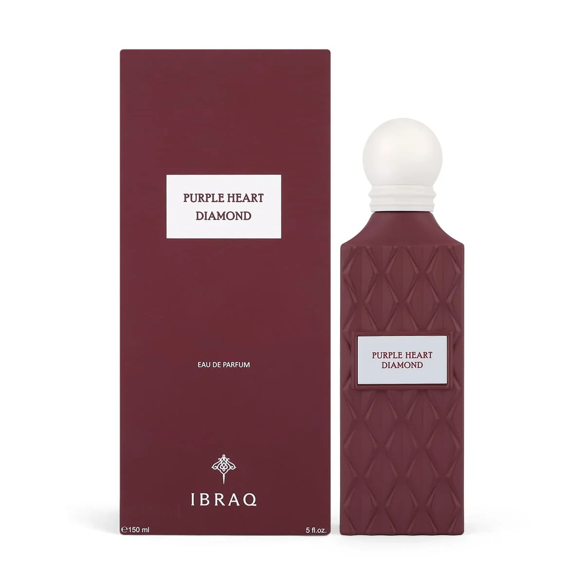IBRAQ Purple Heart Diamond perfume 150ml next to box, premium fragrance UK