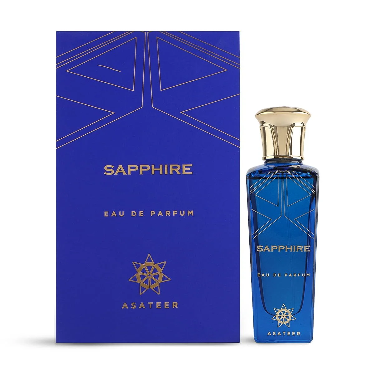 Asateer Sapphire Eau De Parfum 80ml next to luxury branded box UK