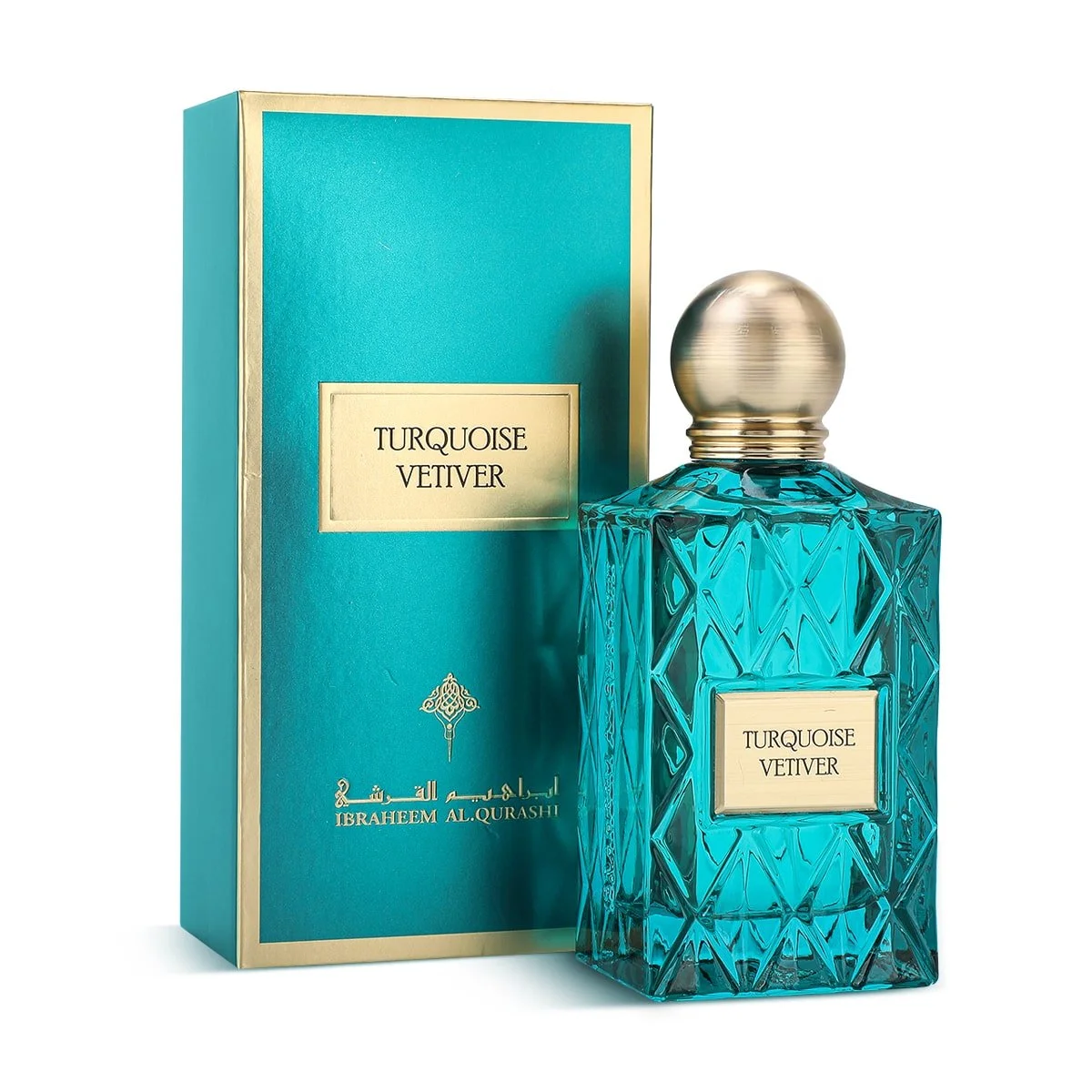 Turquoise Vetiver perfume displayed beside its elegant box – fresh woody-spicy fragrance featuring vetiver and bergamot, available at Al Rashid Galleria UK.
