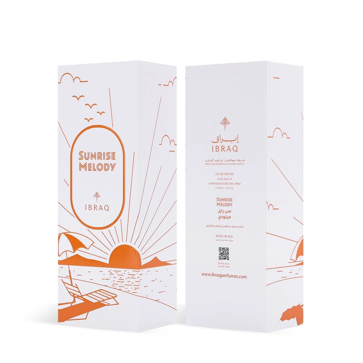 Front and back views of Sunrise Melody by Ibraheem Al Qurashi perfume box showing branding and design details.