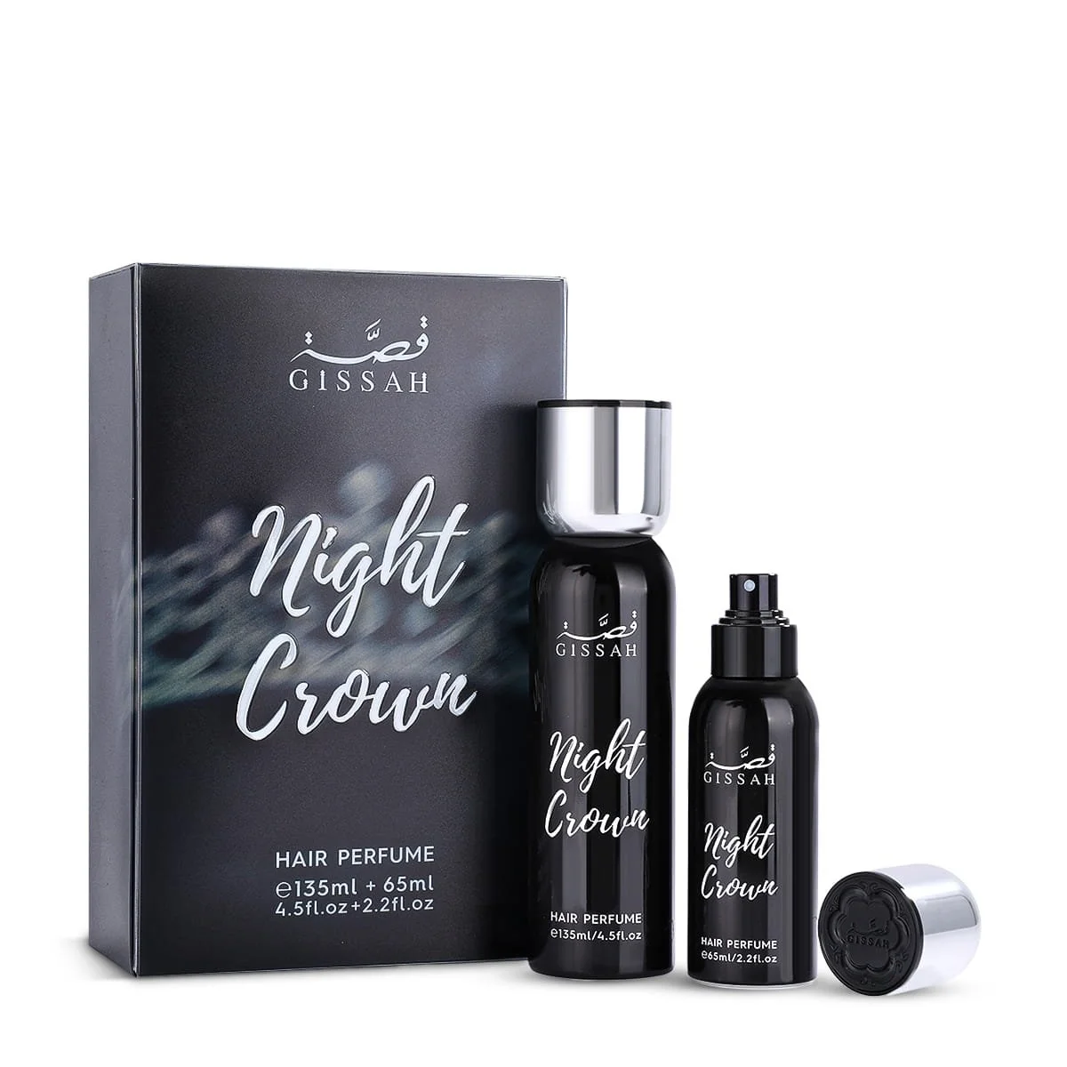 Gissah Night Crown hair mist set displayed in front of box, luxury unisex hair perfume UK