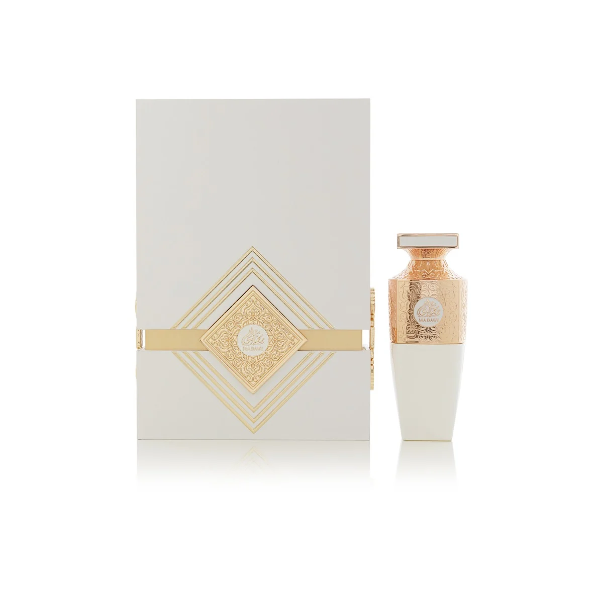 Arabian Oud Madawi White 100ml perfume displayed next to luxury box, clean elegant fragrance UK