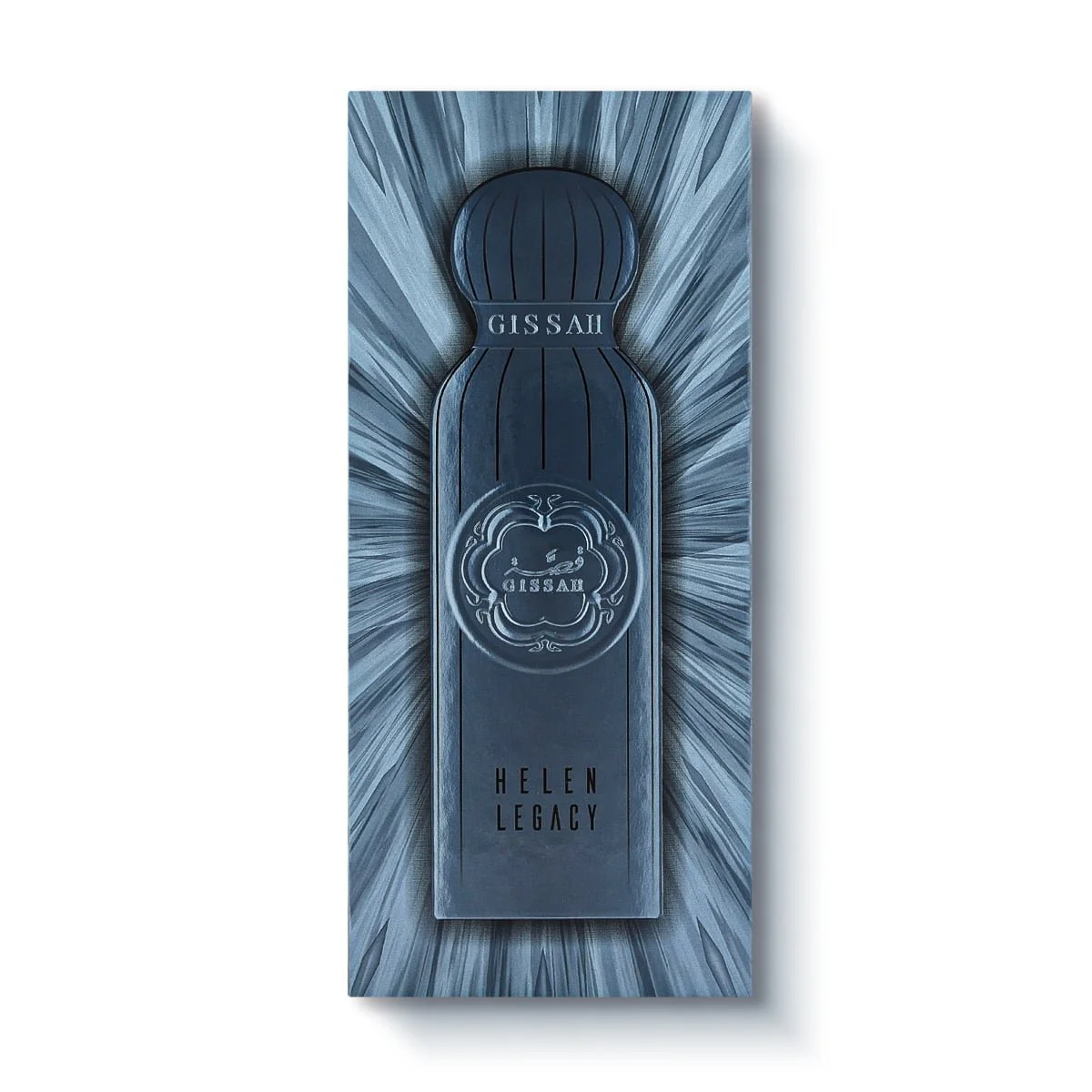 Front view of the Helen Legacy perfume box, highlighting Gissah’s signature Middle Eastern luxury design and branding.