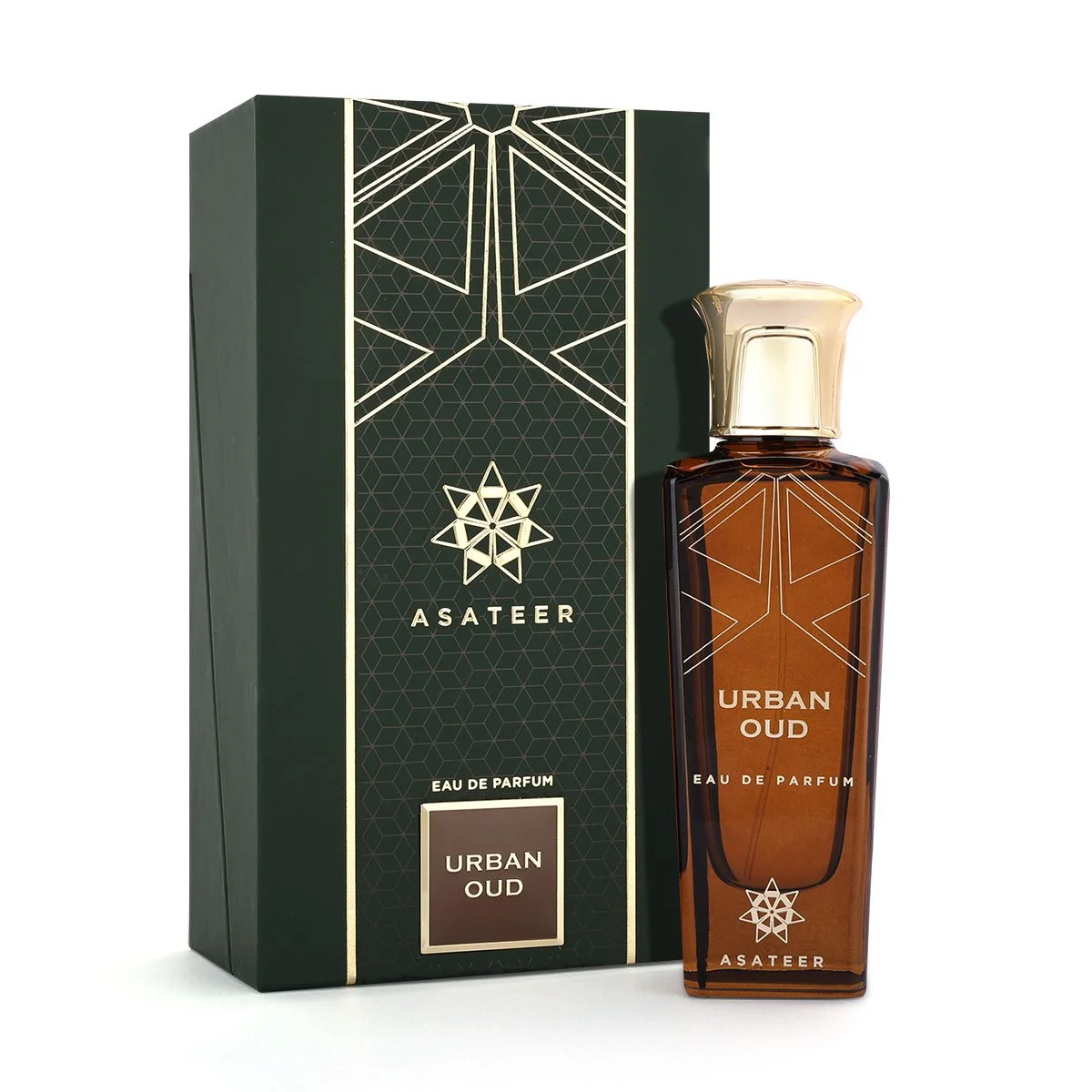 Asateer Urban Oud Eau De Parfum 80ml next to luxury branded box UK